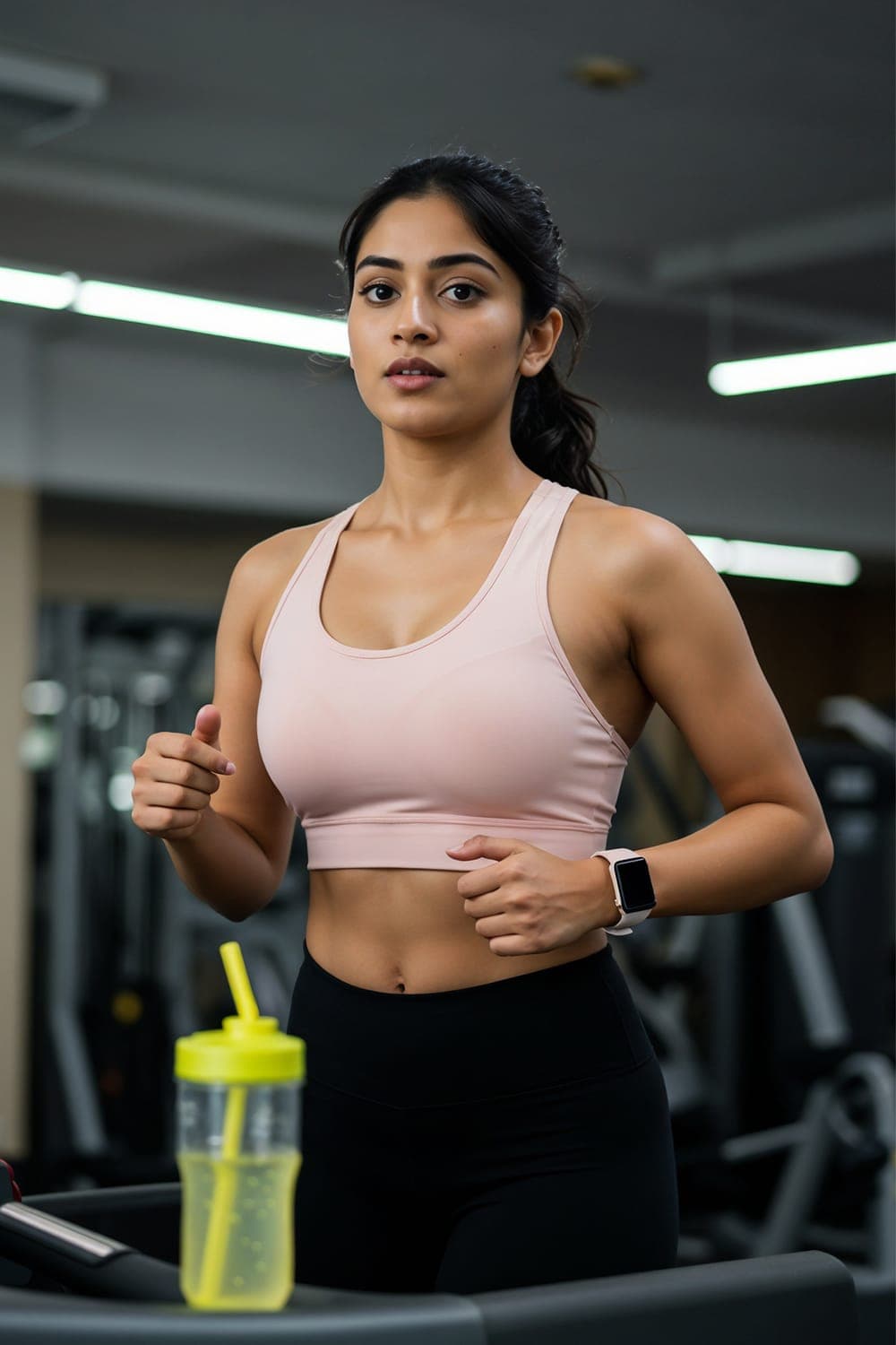 Woman running on a treadmill at the gym with a water bottle